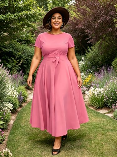 Image of Hostoyo Women Plus Size Formal A Line Maxi Dress Self Tie Waist with Pockets Elegant Round Neck Swing Long Dresses