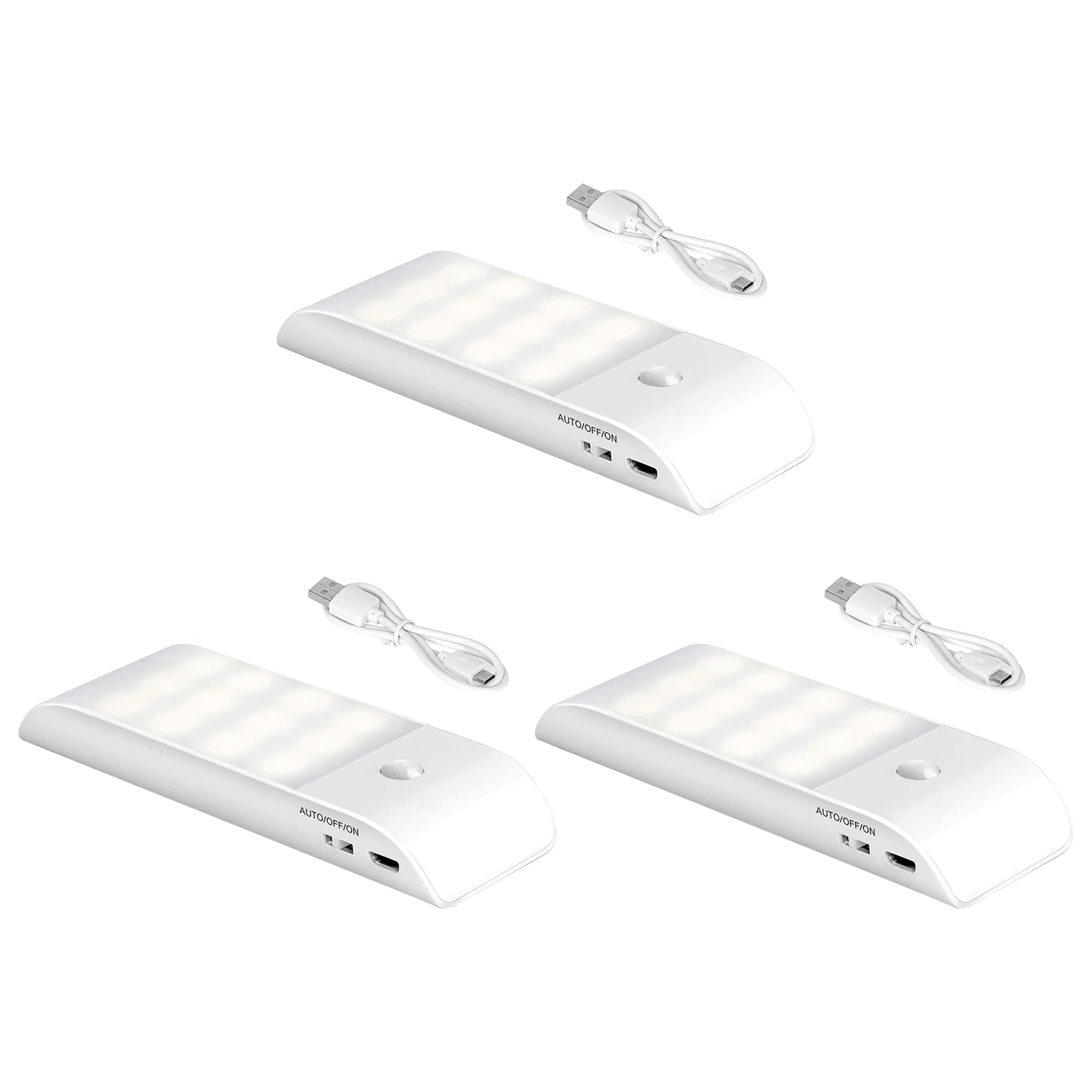WedDecor USB Rechargeable Light with Motion Sensor, Rechargeable LED Night Light with 3 Modes (On/Off/Auto), Stick On Cupboard Light Battery Powered Portable, Kitchen, Stairs, White, 3Pcs