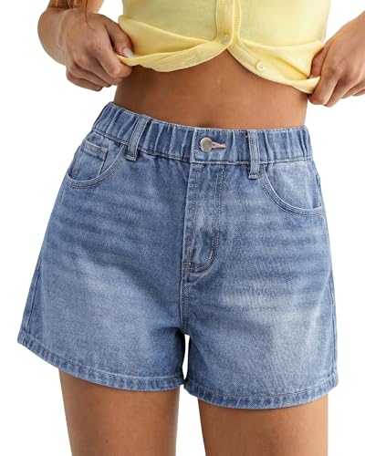 luvamia Jean Shorts for Women High Waisted Baggy Wide Leg Elastic Waist Mom Denim Shorts 4 Inseam Casual Summer Jorts Bay Blue Size Medium Fits US 8-10