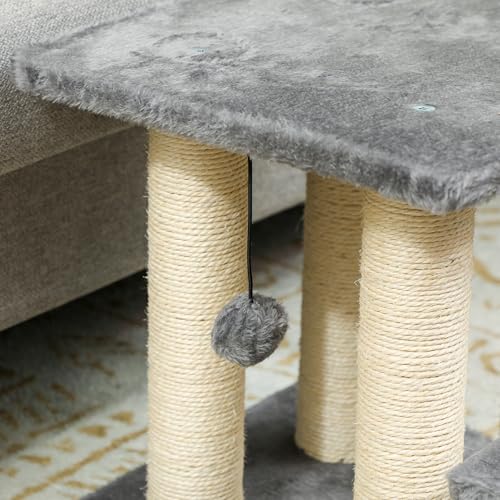 PawHut Hundetreppe 3 Stufen 54 cm Hoch Haustiertreppe für Kleine Hunde Katzentreppe Hunderampe mit Sisal Kratzbäumen, Spielball, Einstiegshilfe für Bett, Sofa, Couch und Auto Grau