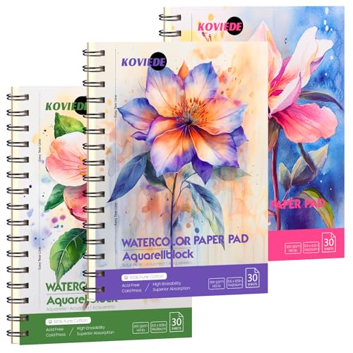 KOVIEDE 100% Cotton Watercolor Paper Pad 3 Pack (90 Sheets) Cold Press 140lb/300gsm Spiral Bound Watercolor Sketchbook, Artist Quality Art Journal Supplies (Floral-3 Pack, 5.5“x8.5)