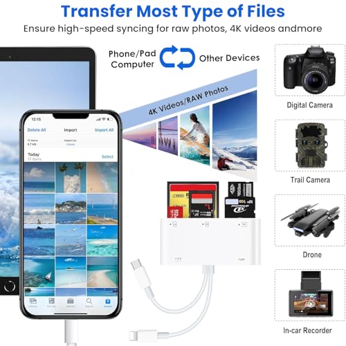 Image of Verilux 9 in 1 SD Card Reader for iPhone /iPad, CF /SD /MicroSD /MS /XD Card Reader & USB OTG Adapter with USB 3.0 /Type C /Lighting Connector for iPhone 17 /16 /15 /14, Galaxy S25 /S24 /S23, iPad, MacBook