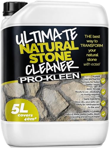 Pro-Kleen Natural Stone Cleaner 5L - Removes Dirt Lichen Moss & Weather Staining - For Natural Stone Indian Sandstone Block Paving Patios Paths Driveways & More - Covers up to 40m