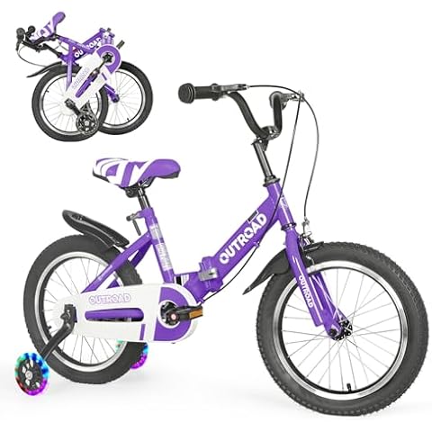 Outroad Kid Bike Foldable/Classic Children's Bicycle for Boys Girls Age 6-9 Years, 14 16 18 Inch Toddlers Bike with Training Wheels, Foldable 18inch-Purple Cover
