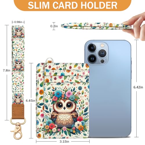 Image of Yonlevres Owl Credit Card Holder Slim RFID Wallet Women Wristlet Lanyard | Front Pocket, Handy, RFID Blocking, Woman Girls Ladies Gifts, D-ring for Keychain,Thin Mini Card Case, ID Window, PU Leather