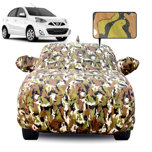 Image of Waterproof Car Body Cover for Nissan Micra with Mirror Pocket, Soft Cotton Lining, Triple Stitched, Full Bottom Elastic (Heat Resistant Jungle Print with Red Piping)
