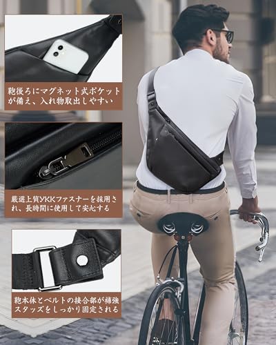 Masa Kawa 雅革 極薄 本革 ボディバッグ メンズ ワンショルダーバッグ 子牛革 斜めがけ スリングバッグ チェストバッグ 薄型 軽量で大容量 撥水 人気 の商品画像 2