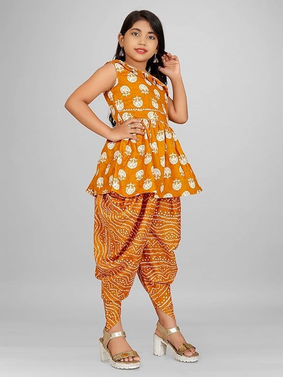 Image of Suhana Fashion Girls Dress Girls Cotton Kurti Top with Dhoti Kurta Set & Dupatta