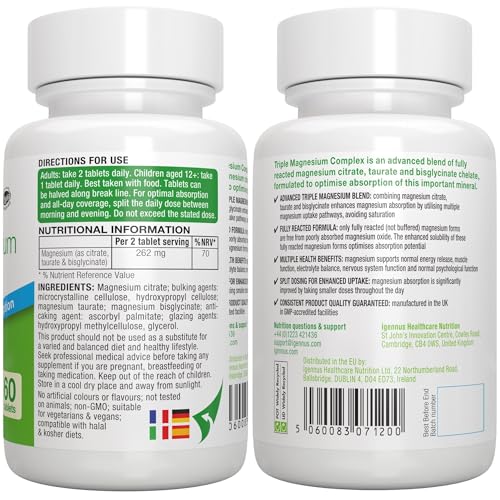 Igennus Fortschrittlicher Dreifach-Magnesium-Komplex, vollständig ausreagiertes & chelatiertes Glycinat, Taurat & Citrat, Clean Label, hohe Bioverfügbarkeit & Absorption, 60 Tabletten, Vegan