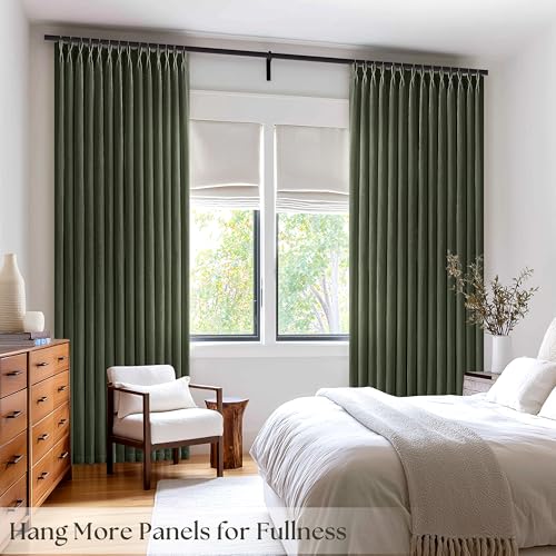 Image of Dark Green Pinch Pleated Semi Sheer Linen Curtains 84 Inch Long for Bedroom | Emerald forest Hunter Green, Light Filtering Privacy, Flax Textured, Living Room, Memory Shape Hook Rings, Elegant Luxury
