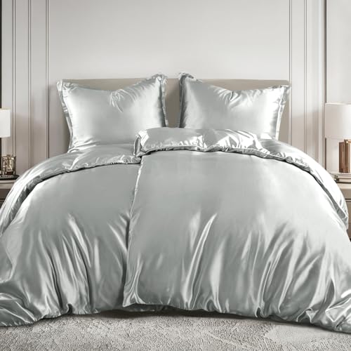 RUIKASI Satin Bettwäsche 135x200 4teilig - Bettbezug mit Glanz wie Seiden Bettwäsche Set Hellgrau für Haar und Haut, Glänzend Bettwäsche...