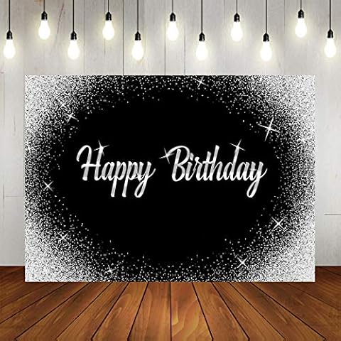 Happy Birthday Backdrop Glitter Silver Dots and Black Photography Background 7x5ft Birthday Party Decorations Banner for Any Age Men Women Cover