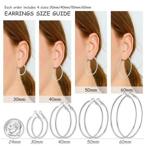 4 Pairs Stainless Steel 30/40/50/60 mm Silver 14K Gold Plated Hoop Earrings for Women Hypoallergenic Big Thin Lightweight Dangle Set2