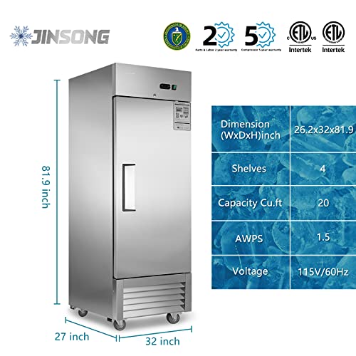 Jinsong 27" Commercial Refrigerator With Single Solid Door, 23 Cu.ft Stainless Steel Reach-In Freezer Upright For Restaurant, Bar, Shop, Residential #TOP1