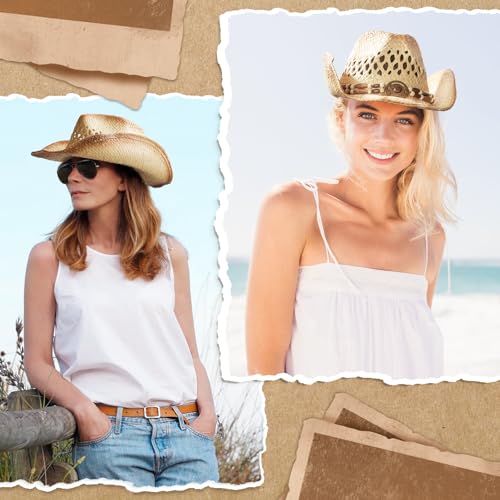 Image of Straw Cowboy Hat for Women & Men Western Cowgirl Hat Woven Sun Hat Adjustable Decorative Cowboy Hats with 5 Detachable Decorative Bands for Party Beach Travel & Outdoor Brown