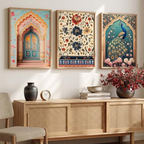 Image of kotart Indian Traditional Wall Art Paintngs Home Decoration | Madhubani Painting Vastu Peacock For Living Room Bed Room Hotel Wall Decor Digital Reprint Set of 3 (35x37 Inch)