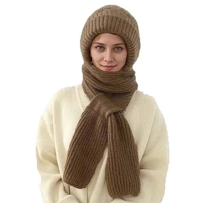 2 in 1 Windproof Scarf With Cap Integrated Ear Guard Hat Plus Velvet, Winter Warm Stole Soft Knitted Beanie Hats Scarf- Fur Cap with Stylish Muffler Woolen Caps for Women & Girls (Mocha-Color) 2 in 1 Windproof Scarf With Cap Integrated Ear Guard Hat Plus Velvet, Winter Warm Stole Soft Knitted Beanie Hats Scarf- Fur Cap with Stylish Muffler Woolen Caps for Women & Girls (Mocha-Color)