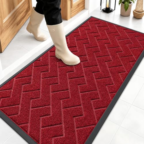 Image of OLANLY Front Door Mat Indoor Outdoor Entrance, Waterproof All-Season, All-Weather Doormat, Sturdy Natural Rubber, Low Profile, Easy Clean Patio Porch Entryway Mat, Herringbone Brick (Wine Red, 47x23)