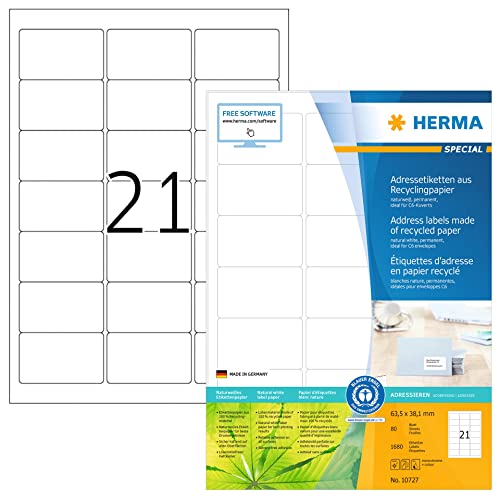 Herma 10727 Etichette Riciclate Din A4 (63,5 X 38,1 Mm, 80 Fogli, Carta Riciclata Opaca), Autoadesive, Stampabili, Adesivi Permanenti, 1.680 Etichette