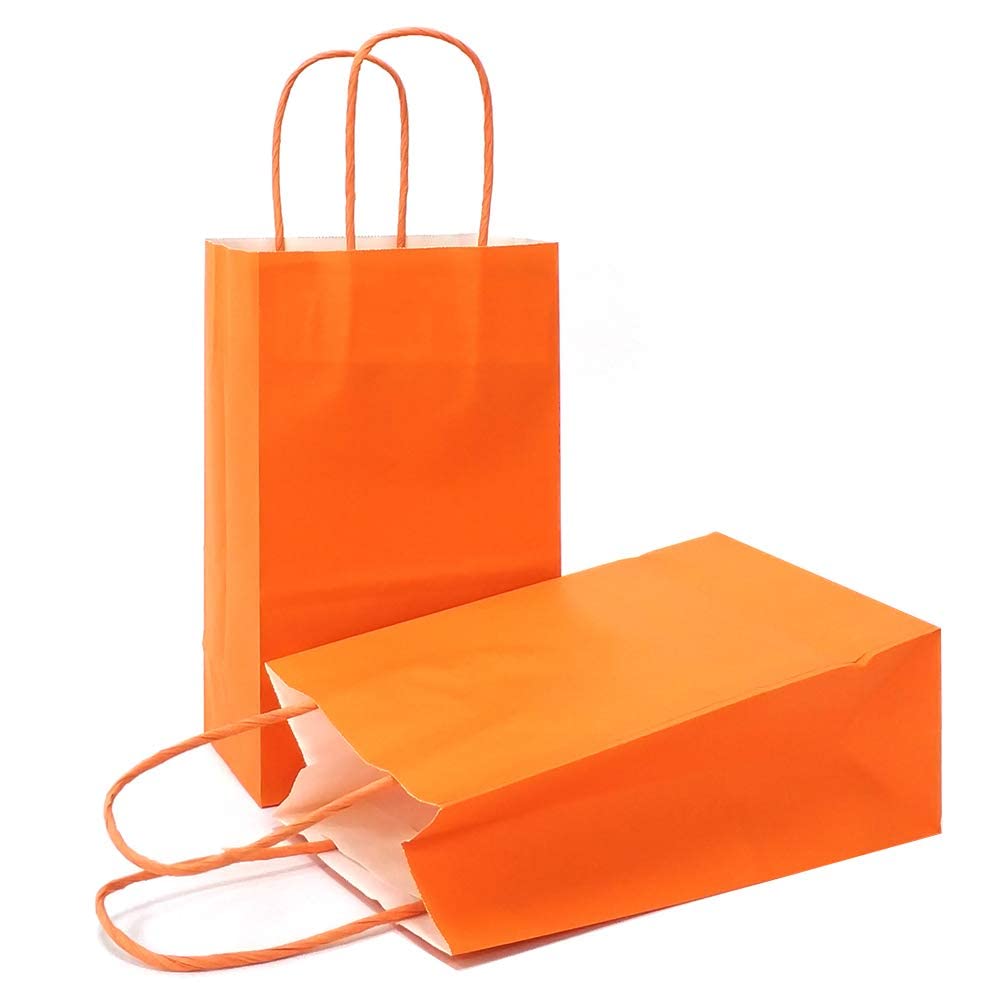 AZOWA Orange Gift Bags with Handles Paper Small Orange Kraft Paper Bags for Party Favors (22 x 16 x 8 cm, 25 Pcs)