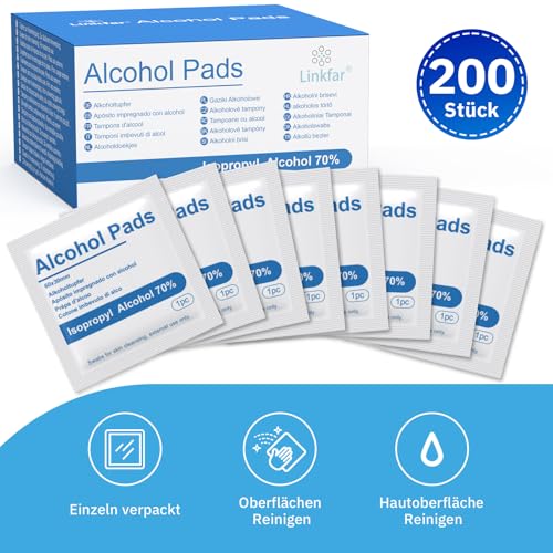 Linkfar Alkoholtupfer – 70% Isopropanol Reinigungstücher für Hautpflege, Brillen & Oberflächen – hygienisch einzeln verpackt, 200 Stück (3x6cm)