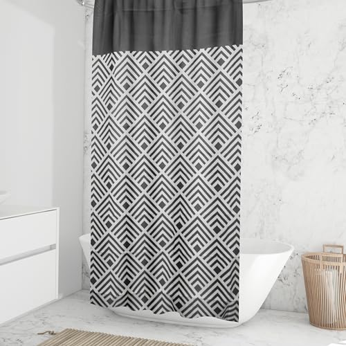 Image of HOMETHREADS Embrace Luxury with Our 6-Feet Long Premium Polyester Shower Curtain with 12 Hooks for a Lavish Bathroom Ambiance | Stylish, Splendid, and Perfectly Sized (Grey Triangle, 180x180cm)