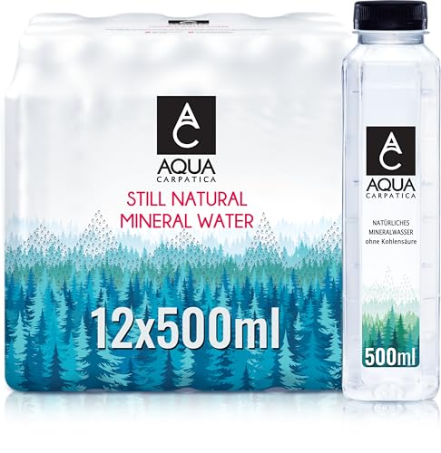 AQUA Carpatica 500ml x 12 Pure Natural Still Mineral Water - 12-Pack Bottled Water Virtually Nitrate Free Low Sodium Naturally Alkaline Natural Electrolytes Premium Multipack 100% Recyclable