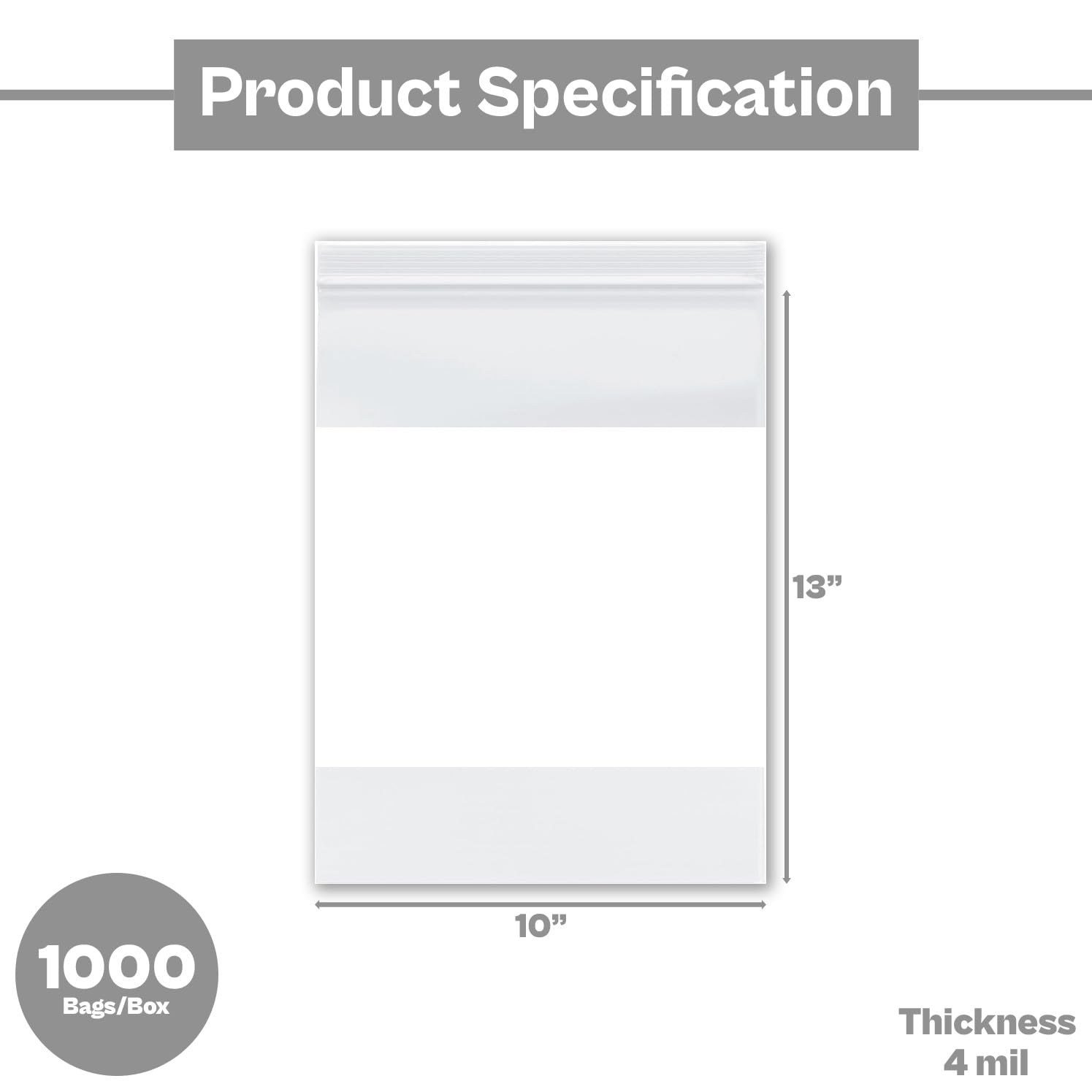 Shield Bag Resealable Poly Bags for Storage with White Block Label, 10 x 13 Inch, 1000 Pack, 4 Mil, Clear, Zipper Lock Closure, Reclosable Zip Plastic Bags