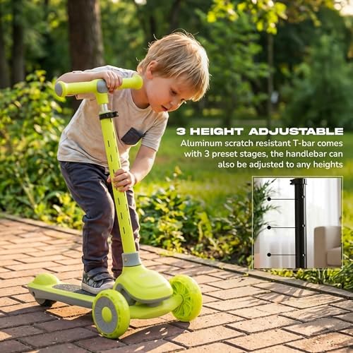 Image of Baybee Zyro Kick Scooter for Kids | 3 Wheel Kids Scooter with 3 Height Adjustable & LED Lights | Skate Scooters with Music & Foot Brake | Indoor Outdoor Toddler Scooters for 2 to 10 Years (Green)