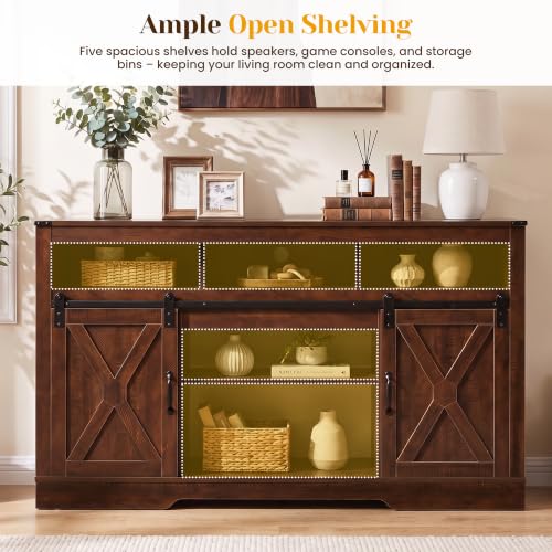 Image of RoyalCraft Farmhouse TV Stand for 23 inch Fireplace, 34'' Tall Entertainment Center for 65+ Inch TV, 34 inch Tall Rustic TV Console with Sliding Bar Door for Living Room Brown