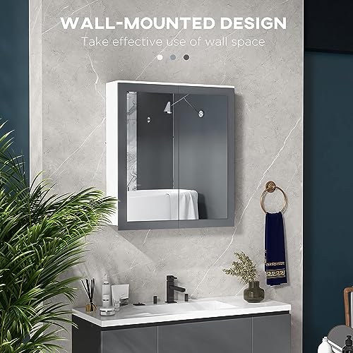 Armario de baño con espejo kleankin, 27" x 30", montaje en pared, blanco | Armario con espejo para baño, con almacenamiento, puertas dobles y 2 estantes ajustables miniatura 7