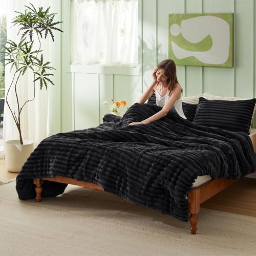 Image of Bedsure King Fluffy Comforter Set - GentleSoft 3 Pieces Luxury Fleece Black Bedding, Cozy Room Decor Aesthetic, 1 King Bed Comforter (104 inchx90 inch) and 2 Pillowcases (20 inchx36 inch)