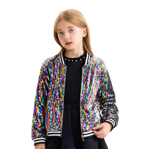 LOLANTA Girls' Sequin Bomber Jacket with Zip Pockets, Long