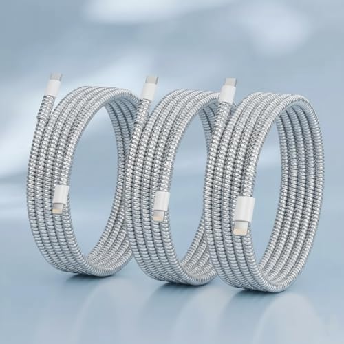 Image of skysia Spiral Cable Charger Protector Wire Protector - Data Cable Saver, Earphone Cable Cover, Cords Protective Wire Winder Sleeve Charger Cover (Silver Wire Saver (Pack -2))
