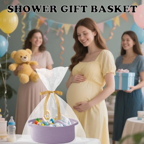 Image of Purple Woven Rope Basket - Baby Gift Basket with Bag & Ribbon