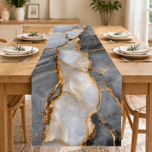 Image of Nuxovilar Gray Gold Marble Table Runner Flax 13x72 in | Holiday Runner Linen Placemats Dining Accessories Set Business Dinner Formal Space (Gray Gold Marble)