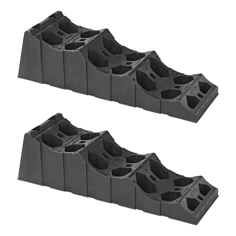 Campout XL Wohnwagenrampe – Rampen – 93 x 28,5 x 26,6 cm – Rampen – Radausgleich – 3 Höhen – extra Grip – Leichter Kunststoff – inklusive Tragetasche – Max. 5000 kg Tragkraft – 2 St – Schwarz