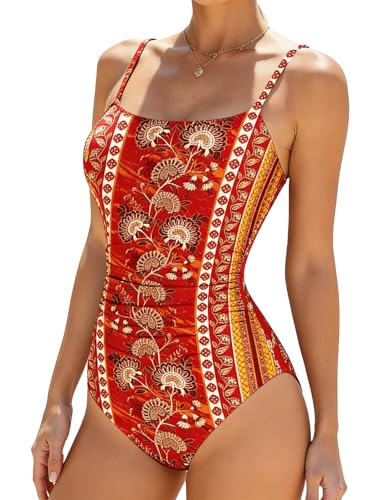 Image of Buauty Women's Swimsuit Square Neck Ruched Waist Bathing Suit Adjustable Straps Full Coverage