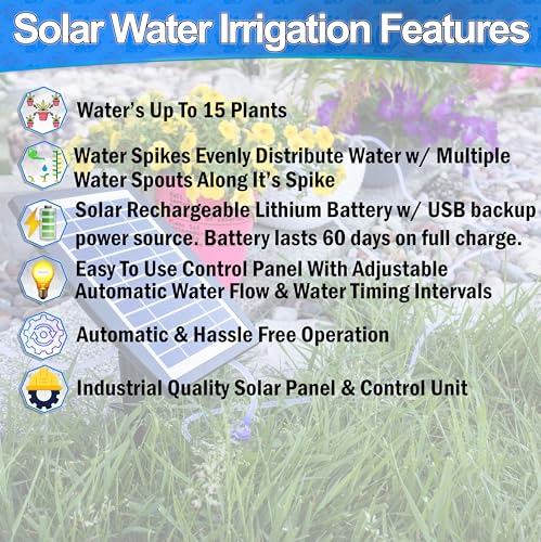 Solar Self Watering Plant Drip Irrigation System for 15 Plants Multiple Automatic Control Modes - Portable DIY Kit for Indoor/Outdoor Gardens, Patios, Balconies, and Vacation Plant Care