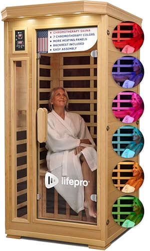 LifePro RejuvaCure 1 Person Far Infrared Sauna for Home - Tempered Glass Door, Oxygen Ionizer, & 7 Chromotherapy Lights for Indoor Sauna - Canadian Hemlock Wood Dry Sauna with Bluetooth Sound System