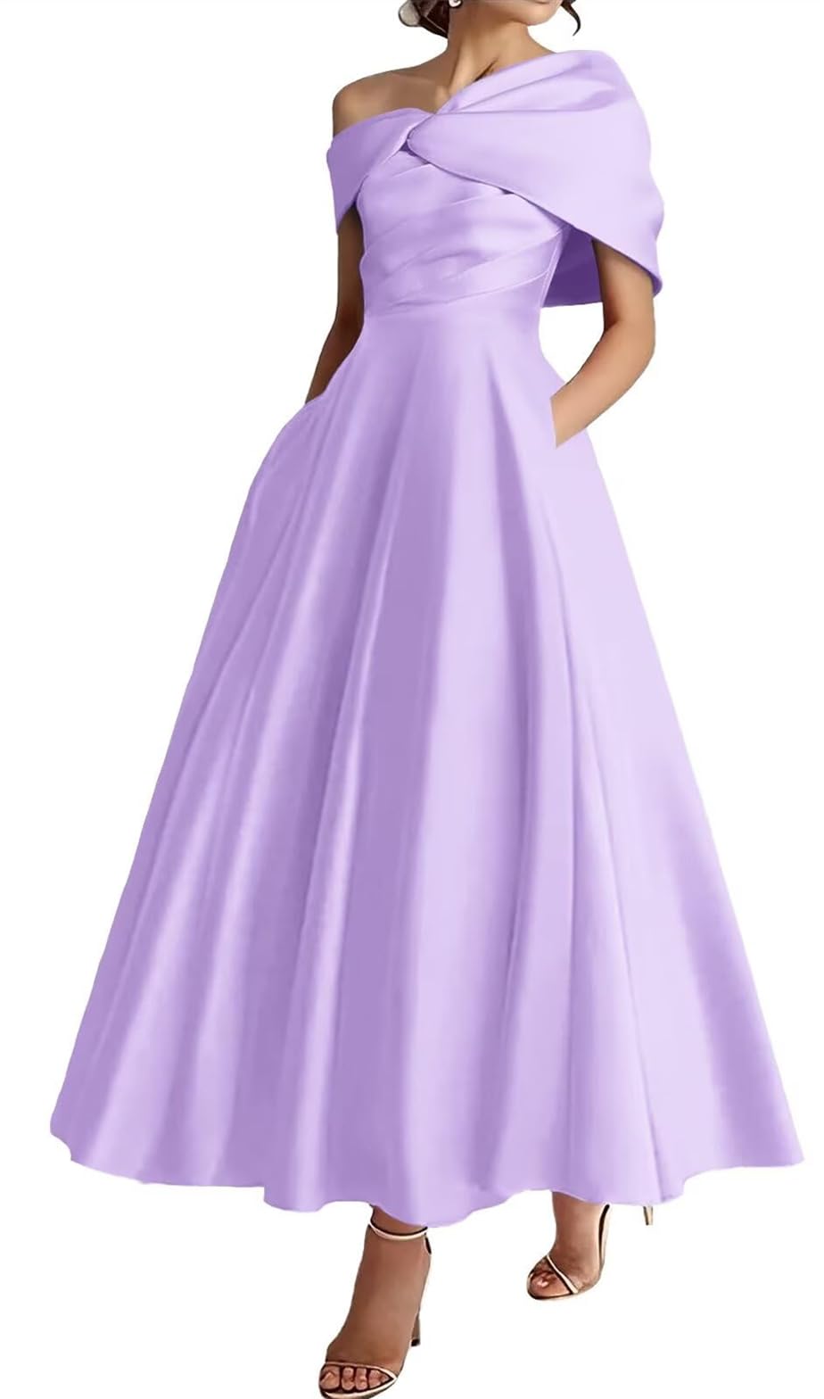 Wseyu Women's Lavender One Shoulder Mother Of The Bride Dresses With Pockets Satin Formal Evening Prom Gown Tea Length Zmki328 Uk18
