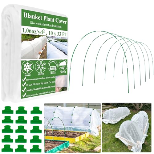 WYRJXYB 10x33FT Plant Covers Freeze Protection Kit, Garden Hoops Kit for Winter, Frost Cloths Plant Blanket Floating Row Cover for Winter Outdoor, Greenhouse Garden Hoop for Raised Bed Snow Protection
