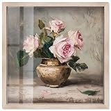 Art Remedy ピンクの花びらと真鍮シャドウボックスプリント ファームハウス装飾、ブロンドフレーム、12 x 12