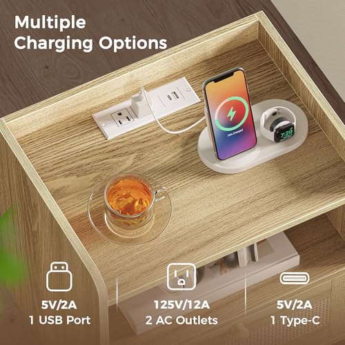 SUPERJARE Nightstand with Charging Station & Rattan-Like Decor Drawer, Rattan End Table with Solid Wood Feet, Bed Side Table with Open Storage, for Bedroom, Living Room, Dormitory - Natural