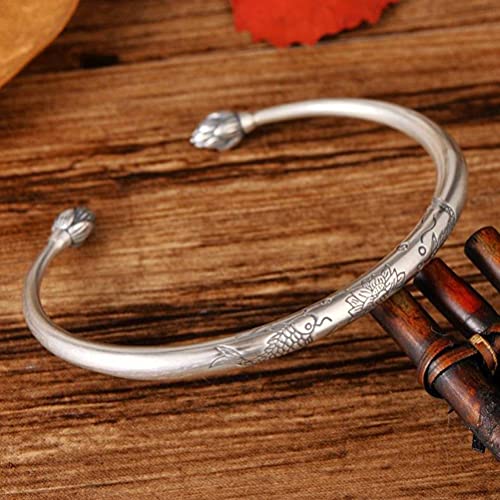 Bracelet en argent S990 rétro : jonc ajustable motif anémone gravé à la main