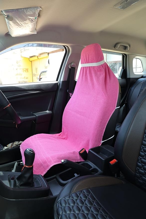 Image of Car Seat Cover, Towel Fabric, Elastic Fitting, Front Seat, Universal Fit for All Models, Pack of 2 (Pink)