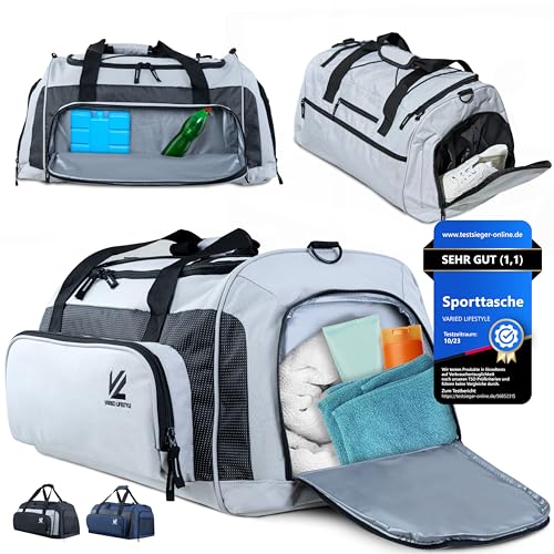 VL® Sporttasche groß – Reise-Tasche & Trainingstasche für Damen & Herren – mit Schuh-Fach, Nass-Fach & isoliertem Kühlfach – Gym Bag, Fitnesstasche, Weekender wasserabweisend | XL 70 L Grau-Schwarz VL® Sporttasche groß – Reise-Tasche & Trainingstasche für Damen & Herren – mit Schuh-Fach, Nass-Fach & isoliertem Kühlfach – Gym Bag, Fitnesstasche, Weekender wasserabweisend | XL 70 L Grau-Schwarz