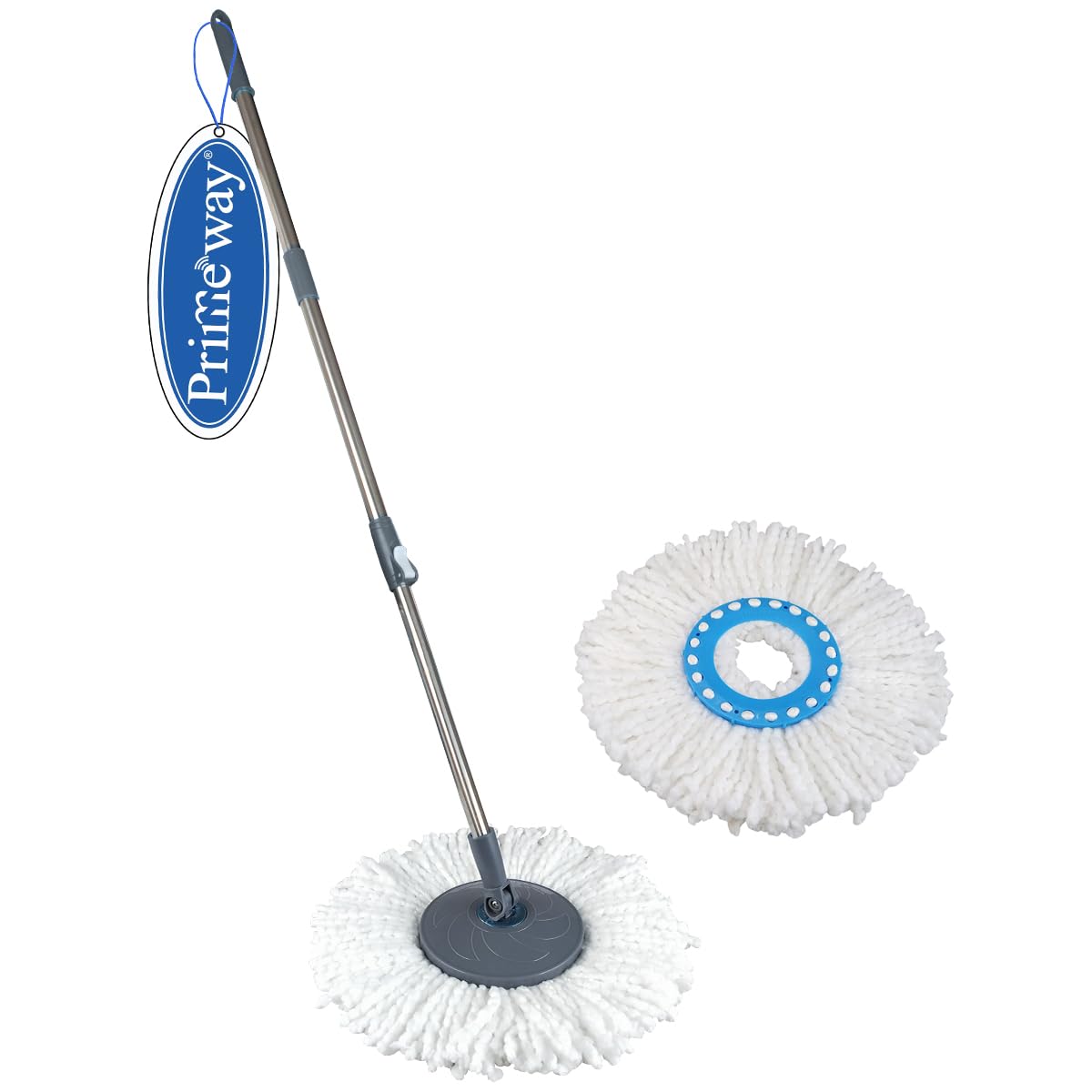 - Primeway® Stainless Steel 360 Degree Spin Floor Mop | 124cm 50" Length Extendable Handle Stick Rod | Replacement Spares Set with 2 Microfibre Refill for Dry & Wet Pocha