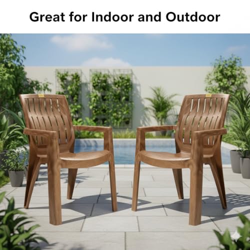 Image of Patiofy Plastic Chair Set of 2 for Home & Outdoor Use | Heavy Duty Comfortable Chair with Strong Legs | Stackable, Easy to Clean | Suitable for Living Room, Balcony (Pack of 2-Spino | Sandalwood)