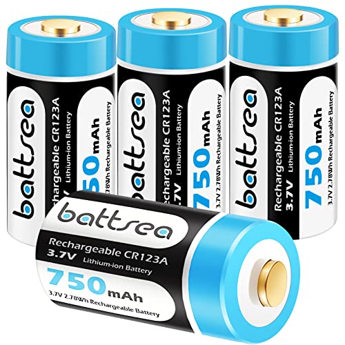 Battsea 750mAh 123A / 123 Batería de litio recargable 3.7V Paquete de 4 Compatible with Arlo Cámara VMC3030 VMK3200 VMS3230 VMS3330 VMS3430 Linternas Micrófono Detector de humo Despertador